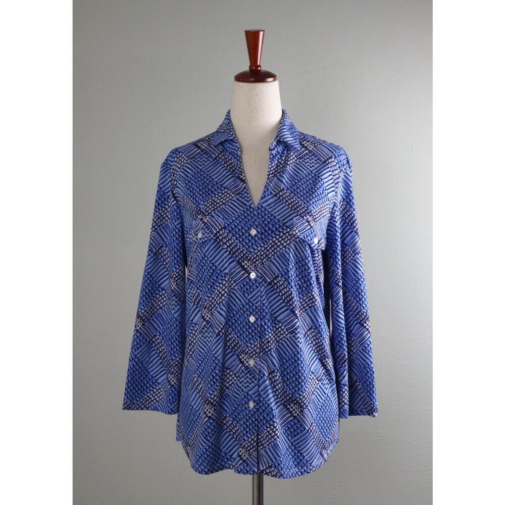 J. MCLAUGHLIN $128 Soft Stretch Button Up Geo Plaid Print Shirt Top Size Medium
